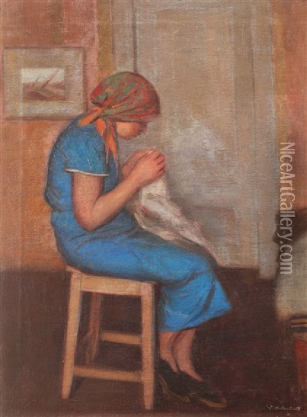 Little Girl Sewing Oil Painting - Constantin Artachino