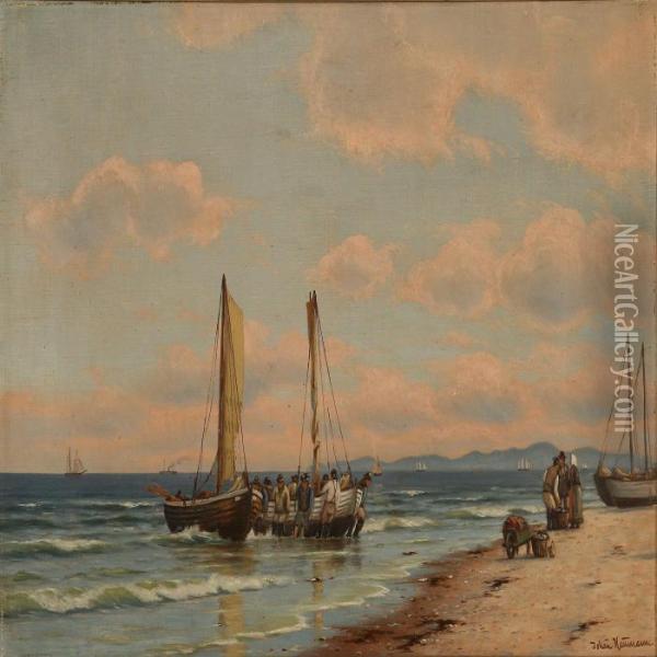 Coastal Scene With Fishermen Pulling Their Boats Ashore Oil Painting - Johann Jens Neumann
