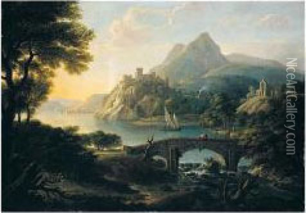 Claudian Landscape With A Castle, Abbey, Bridge And Mountains Oil Painting - Coplestone Warre Bampfylde