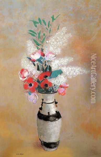 Bouquet With White Lilies In A Japanese Vase Oil Painting - Odilon Redon
