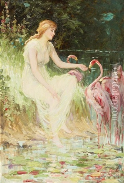 Nymph With Flamingos Oil Painting - Frederick Stuart Church