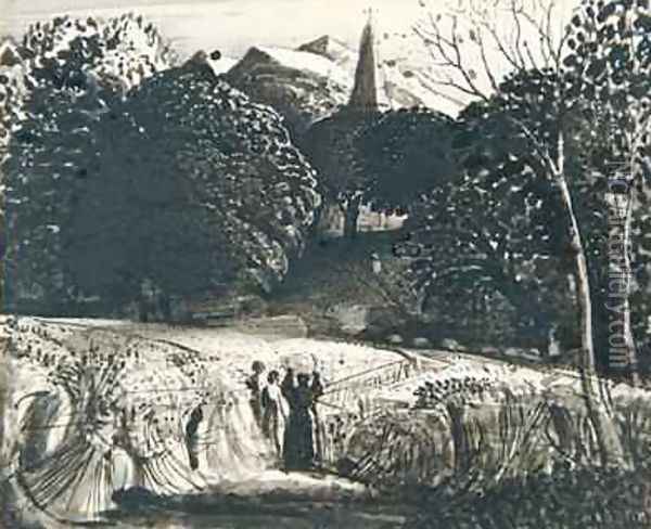 Cornfield and Church by Moonlight Oil Painting - Samuel Palmer