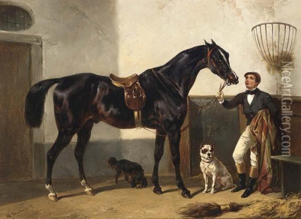Jockey With His Race Horse In A Stable Oil Painting - Wouterus Verschuur