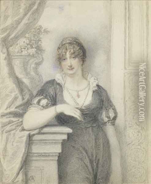A Lady, Standing In A Classical Interior And Wearing Black Dress With Short Sleeves Slashed To Reveal White, White Frilled Standing Collar, Multi-stranded Pearl Necklace Suspending A Pendant Jewel Oil Painting - Richard Cosway