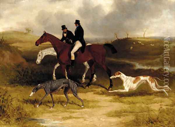 Two gentlemen on hunters with greyhounds in a landscape Oil Painting - William Joseph Shayer