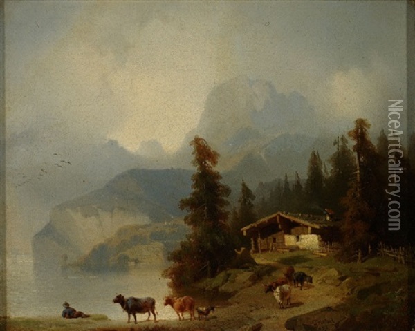 Gebirgslandschaft In Den Alpen Mit See, Gehoft Und Tieren Auf Dem Weg Zur Weide Oil Painting - Carl Triebel