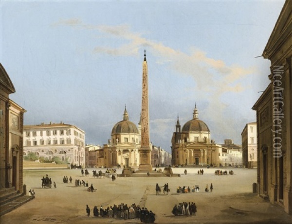 La Piazza Del Popolo, Rome Oil Painting - Ippolito Caffi