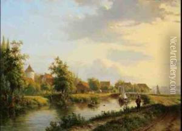 Kanallandschaft Mit Zugbrucke Und Hausern Oil Painting - Georg Andries Roth