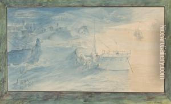 Songe Au Bord De La Mer Avec Des Sirenes Et Des Bateaux Oil Painting - Ernest Montaut