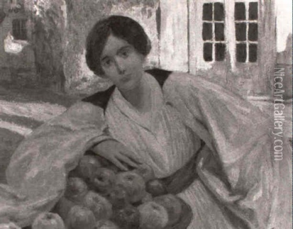 Rose Chatain Avec Une Cape Rose Tenant Un Panier De Pommes  A Auliac Oil Painting - Edmond Anne Antoine Tapissier
