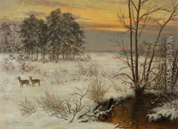 Abend Uber Winterlicher Landschaft Mit Rehwild Oil Painting - Siegwald Johannes Dahl