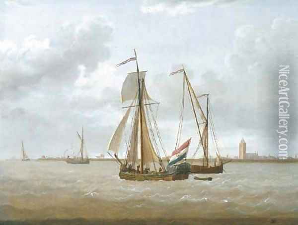 Shipping off the coast of the Zuyder Zee, a States Yacht raising its sails Oil Painting - David Kleyne