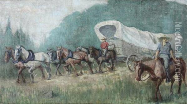 Wagon Train Oil Painting - G. Harold Goldthwait