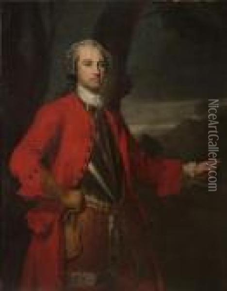 Portrait Of An Officer, Possibly Major William
Caulfeild, Three-quarter-length, Wearing A Red Overcoat, A Cuirasse
And A Small Sword, Pointing To A Torrent In A Highland Glen Oil Painting - Allan Ramsay