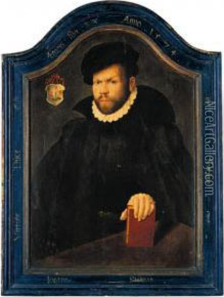 A Portrait Of Johannes Steiman, Aged 33, Half-length Standing Behind A Table, His Left Hand Resting On A Book Oil Painting - Phb Monogrammist