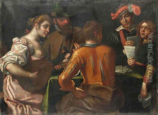 Elegant Company making Music around a Table Oil Painting - Antonio Gandino