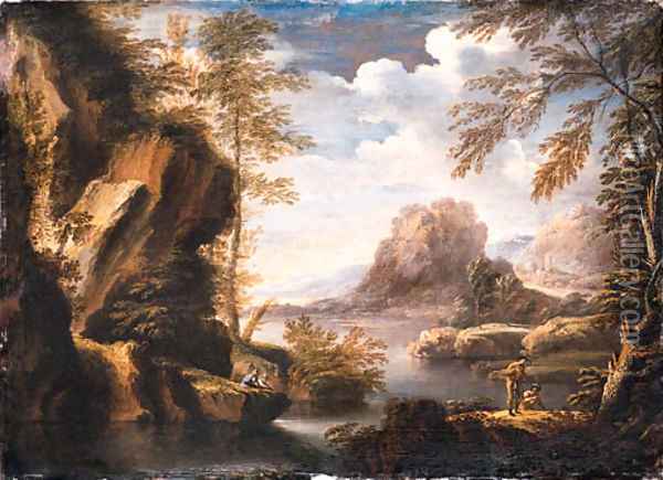 A mountainous river Landscape with Peasants conversing on a Bank Oil Painting - Salvator Rosa