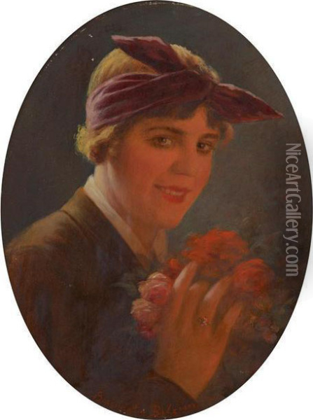 Elegante Au Bouquet De Roses Oil Painting - Louis Serendat De Belzim