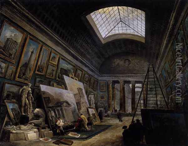 Imaginary View of the Grande Galerie in the Louvre 1789 Oil Painting - Hubert Robert