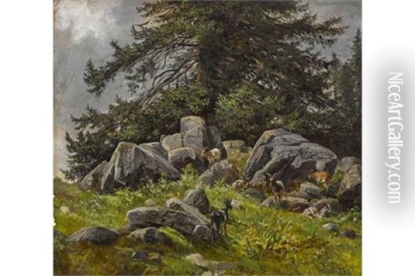Ziegen In Felsiger Landschaft Oil Painting - Ludwig Gustav Voltz