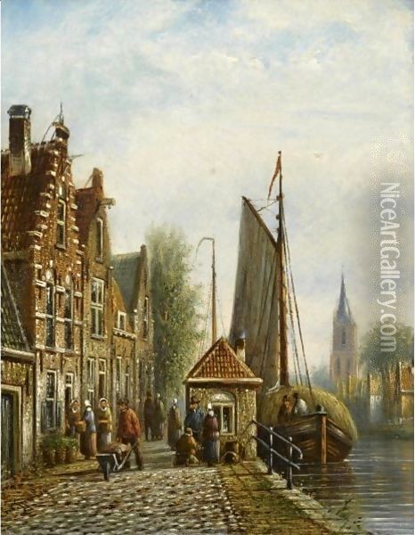 Daily Activities In A Sunlit Dutch Town Oil Painting - Johannes Franciscus Spohler