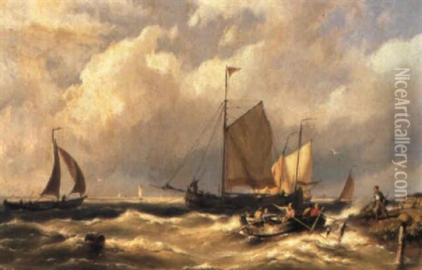 Sailing Vessels On A River Oil Painting - Johannes Hermanus Barend Koekkoek