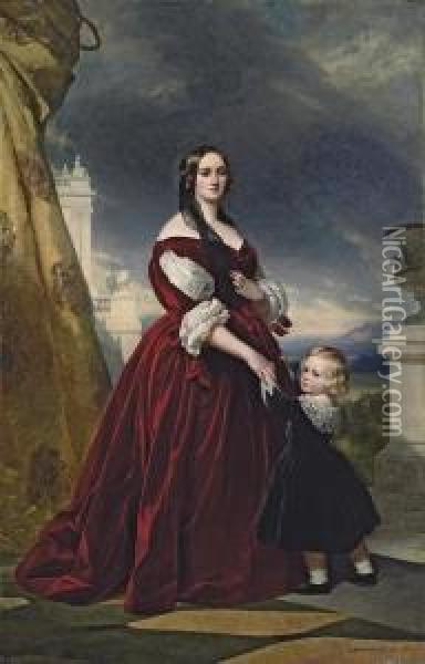 Portrait Of The Countesse Duchapel, Full-length, With Her Son Oil Painting - Franz Xavier Winterhalter