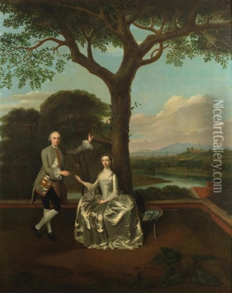 Portrait Of David Gavin Of Gavinton & His First Wife, Christine, Full-length, Before A Landscape Oil Painting - Edward Haytley