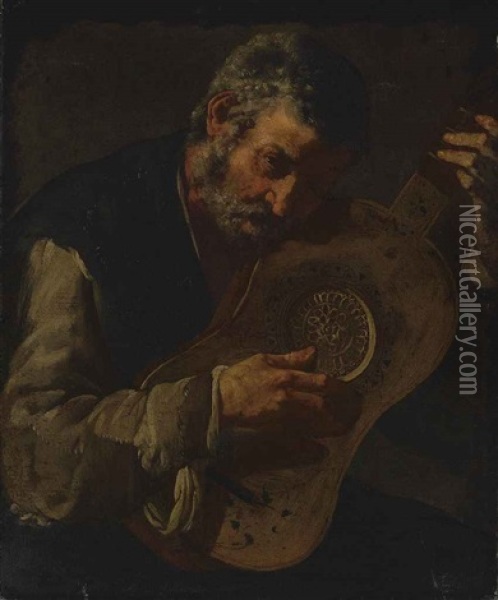 An Old Man Playing The Guitar Oil Painting -  Master of the Annunciation to the Shepherds
