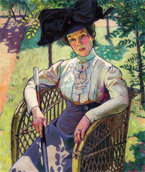 Lady In A Hat In Sunny Garden (my Mother In The Garden) Oil Painting - Ervin Plany