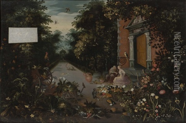 Vertumnus And Pomona In A Garden Setting With Fruits, Vegetables, And Exotic Animals And Birds Such As A Macaw And A Monkey: An Allegory Of Harvest Or Plenty Oil Painting - Abraham Govaerts