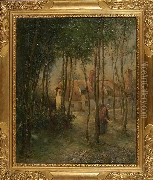 A Woman Gathering Sticks By A Woodland Cottage Oil Painting - Arthur Legge