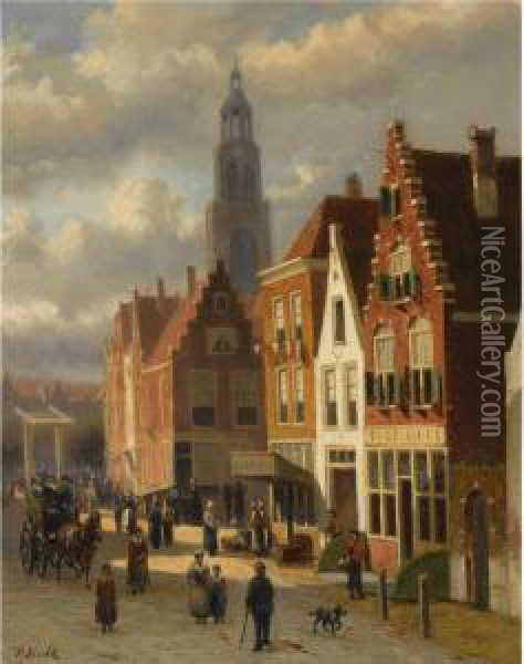 Many Figures In The Streets Of A Dutch Town Oil Painting - Johannes Frederik Hulk, Snr.