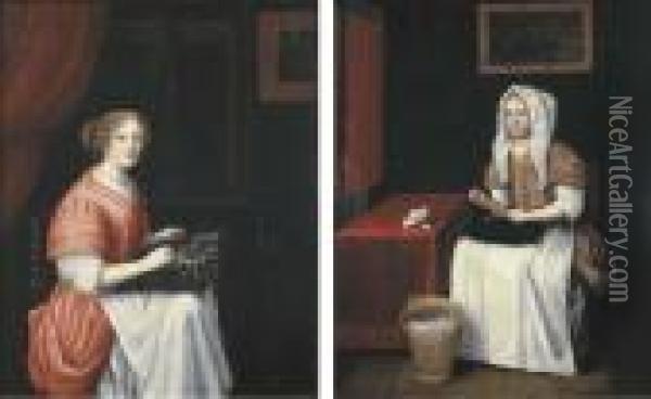 Women Making Lace In An Interior Oil Painting - Regnier de La Haye