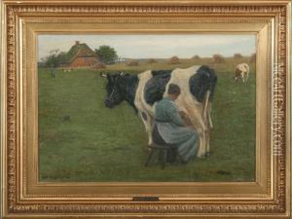 Milking The Cow Oil Painting - Povl Steffensen