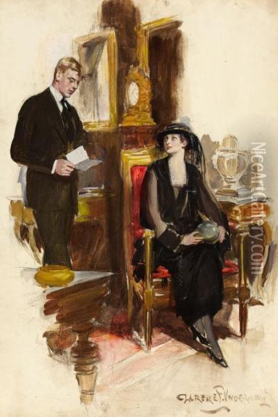 Man Reading Letter To A Seated Mourning Woman, Saturday Evening Post Illustration Oil Painting - Clarence Frederick Underwood