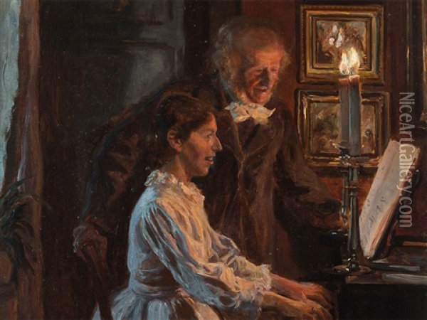 Young Girl At The Piano Oil Painting - Viggo Pedersen
