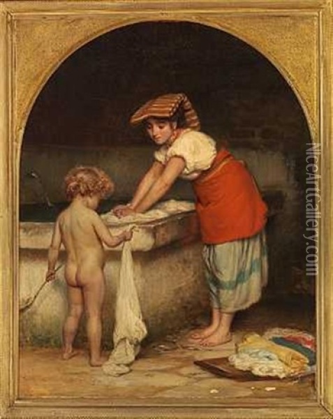 Ung Italienerinde Med Sit Barn I Faerd Med At Vaske Toj Oil Painting - Vilhelm Rosenstand