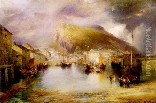 An English Fishing Village, Polperro, Cornwall Oil Painting - Thomas Moran
