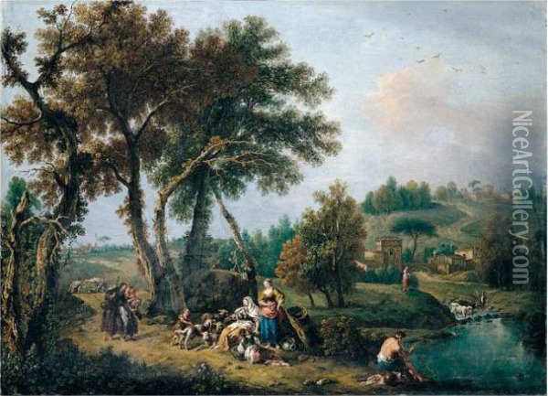 A Pastoral Landscape With The Flight Into Eygpt Oil Painting - Francesco Zuccarelli