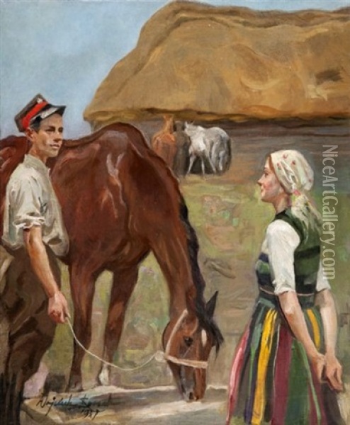 Ulan I Dziewczyna Oil Painting - Woiciech (Aldabert) Ritter von Kossak