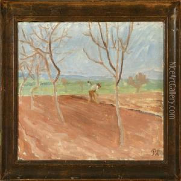 A Farmer Working In The Field Oil Painting - Peter Marius Hansen