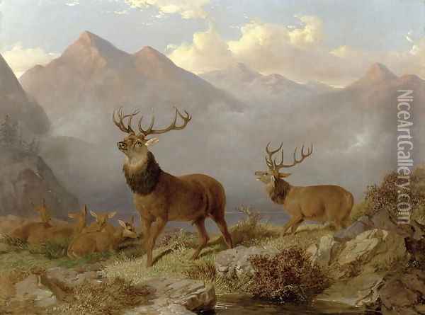 Stags And Hinds In A Highland Landscape, 1864 Oil Painting - John Frederick Herring Snr