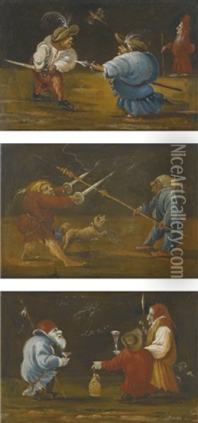 Three Scenes Of Dwarves Fighting Oil Painting - Faustino Bocchi