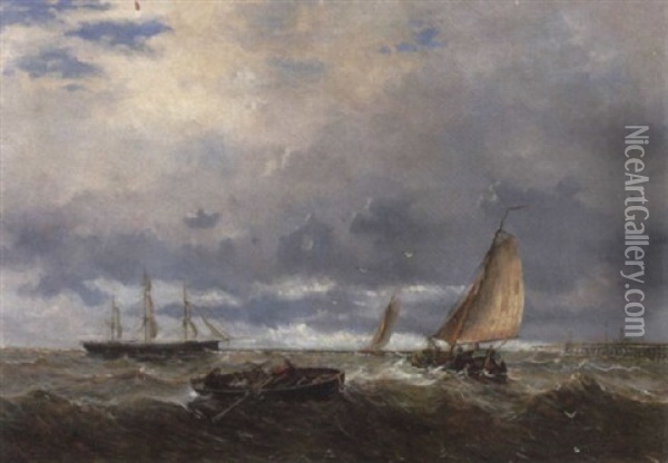 Fischerboote Und Segelschiff Vor Dem Sturm An Der Belgischen Kuste Oil Painting - Louis de Burbure