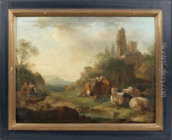 Couple De Patres Et Leurs Animaux Dans Un Paysage Surmonte De Ruines Oil Painting - Joseph Roos
