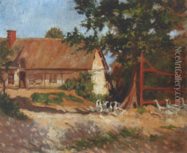 Les Oies Blanches Devant La Ferme Oil Painting - Auguste Durst