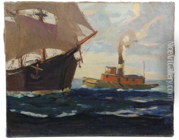 Tug Boat Approaching Sailing Ship Oil Painting - Eric Hudson