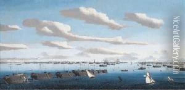 A Panorama Of Portsmouth Harbour
 With Hulks In Line Ahead And The Fleet At Anchor, Including Warships Of
 The American And Spanish Navies Oil Painting - Ambroise-Louis Garneray