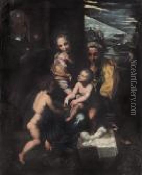 Sacra Famiglia Con Santa Elisabetta E San Giovannino Oil Painting - Giulio Romano